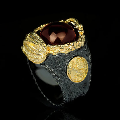 Men's Red Zircon Black & Gold Style Dragon Rings