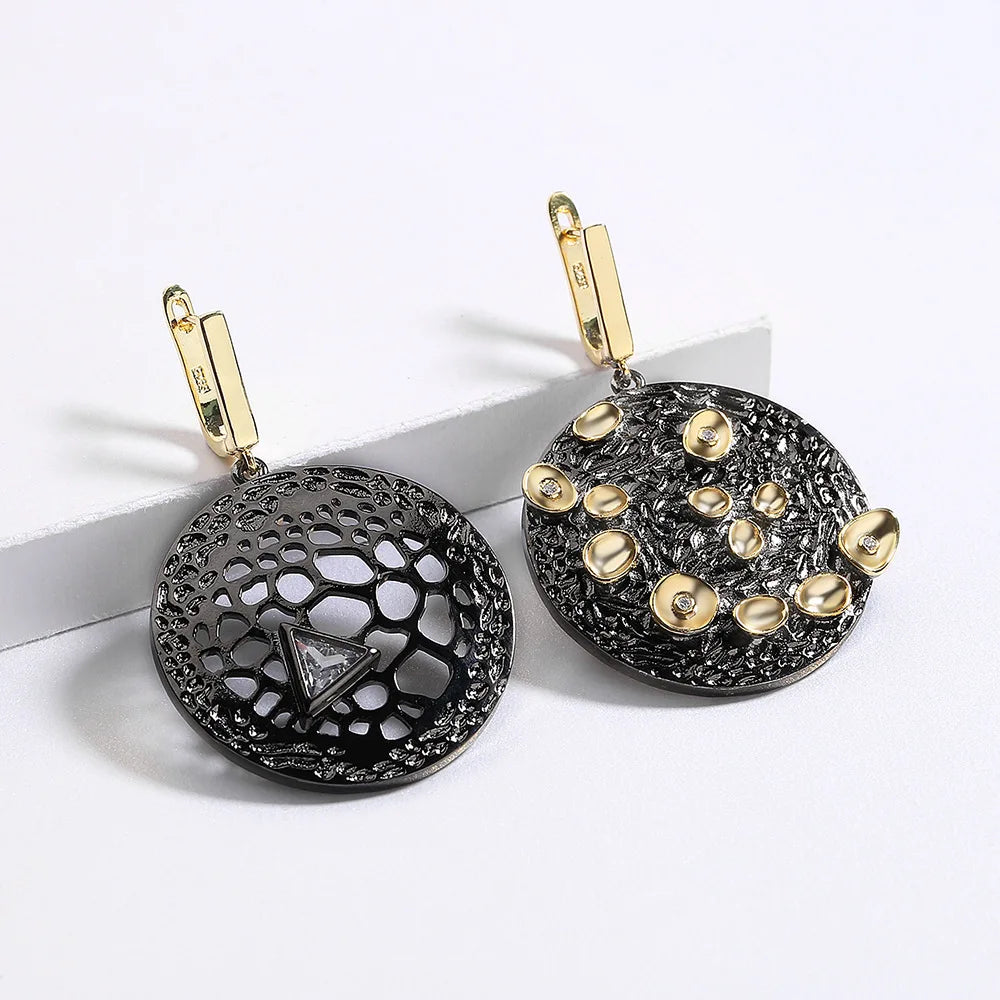 Earrings Round Asymmetric Earrings Black & Gold Style Stud Earrings