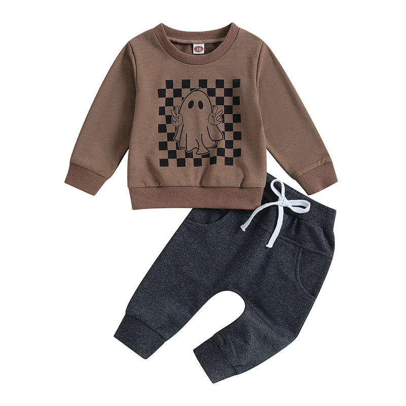 2-Piece Halloween Outfits! Boy's Ghost Checkerboard Sweatshirt & Pants Sets