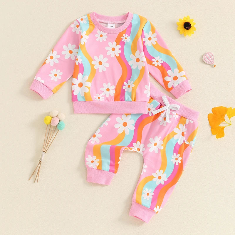 2-Piece Fall / Winter Outfits! Girl’s Colorful Daisy Sweatshirt & Pants Sets