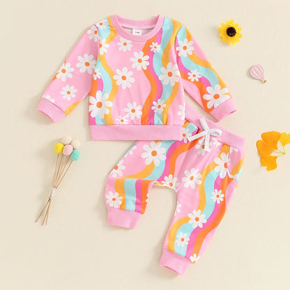 2-Piece Fall / Winter Outfits! Girl’s Colorful Daisy Sweatshirt & Pants Sets