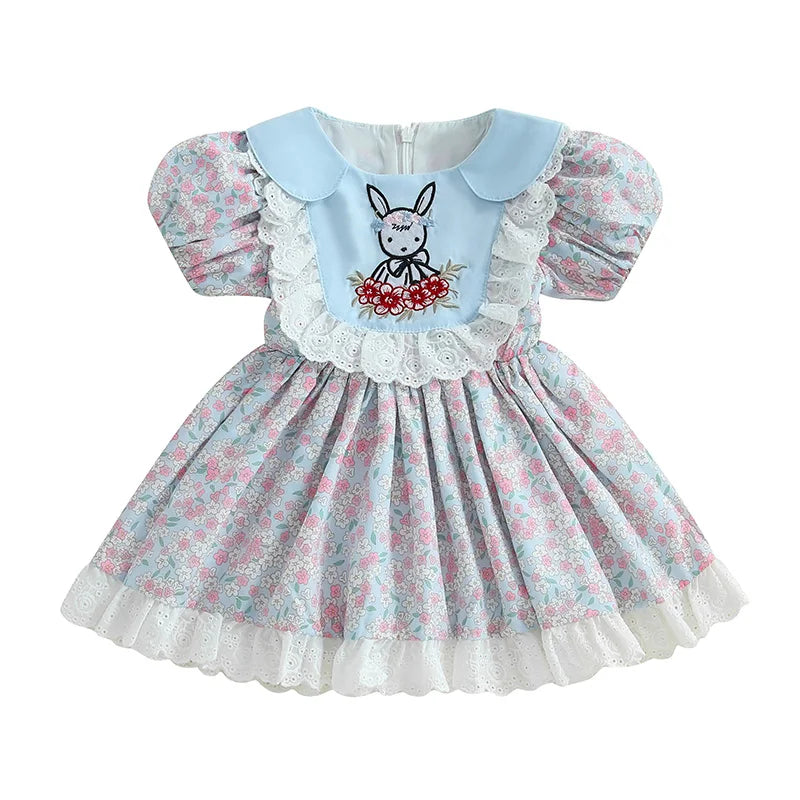 Girl's Floral Rabbit Embroidered Lace Ruffled Easter Dresses