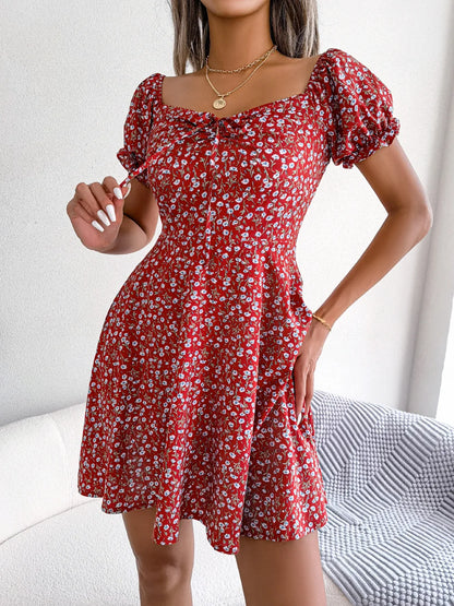 Womens Floral Print Puff Sleeve Mini Dresses