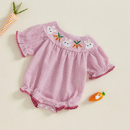 Girl's Embroidered Easter Bunny Striped Rompers