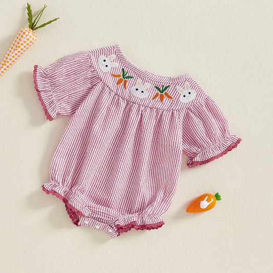 Girl's Embroidered Easter Bunny Striped Rompers