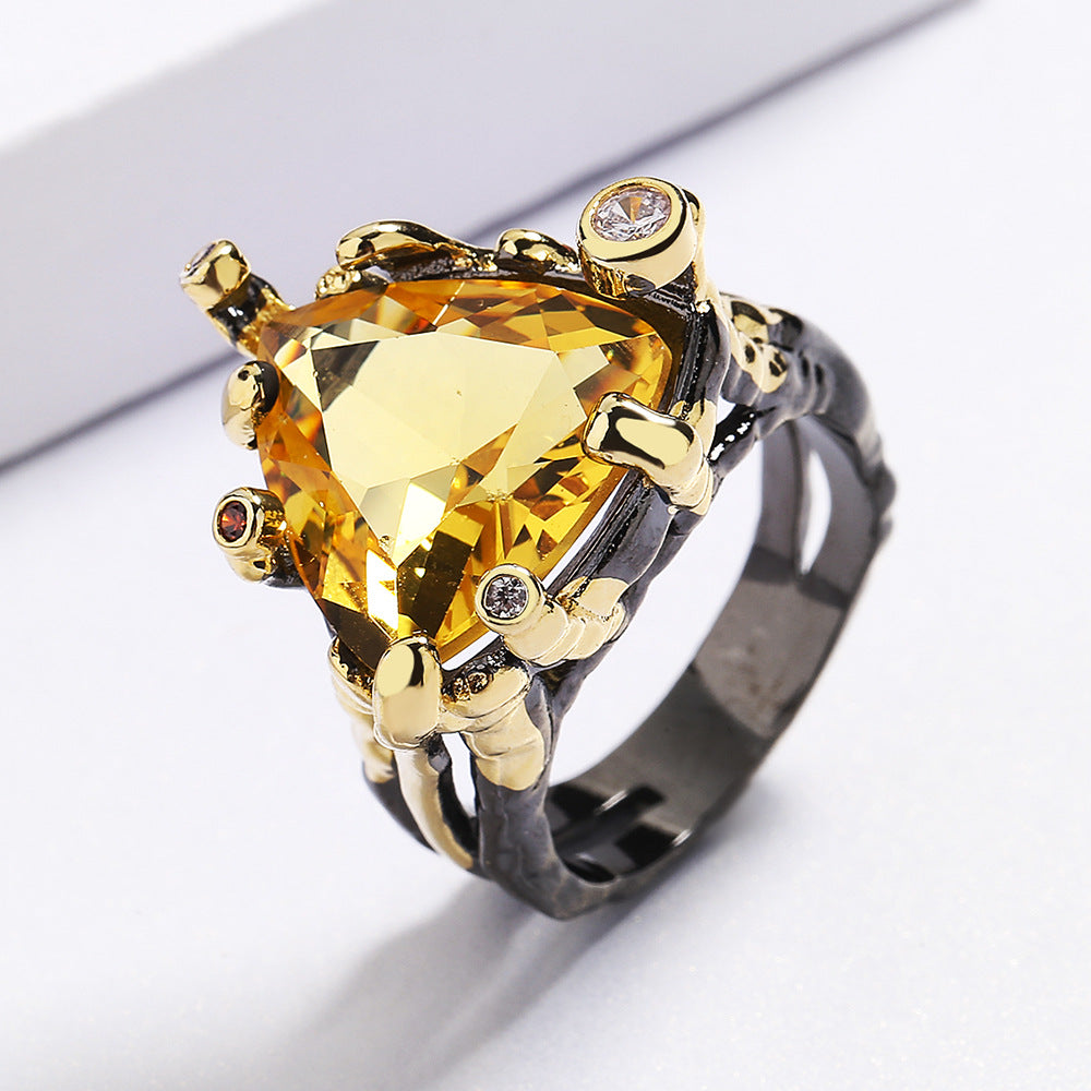 Triangle Citrine Zircon Black & Gold Style Ring