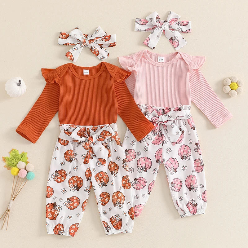 Girl's Floral Pumpkin Onesies, Pants & Bow Headband Sets