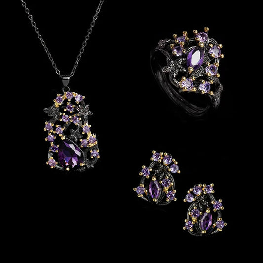 3-piece Black & Gold Purple Zircon Flower Rings, Necklace & Earrings Sets