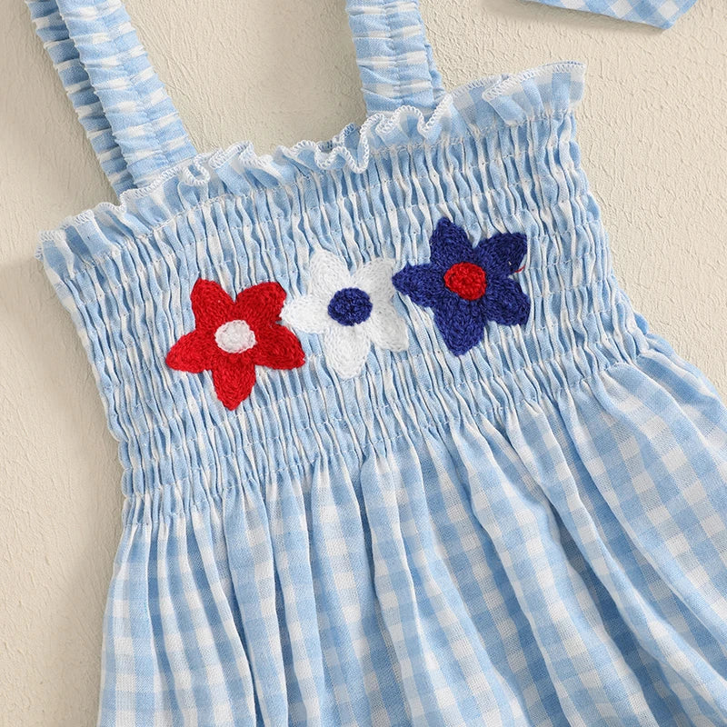 Girl's 2-Piece Embroidered July 4th Rompers & Bow Head Band Sets