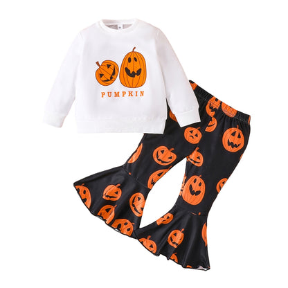 2-Piece Halloween Outfits! Girl’s Long Sleeve Pumpkin Sweatshirt & Pants Sets