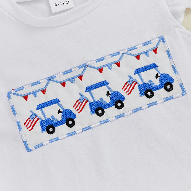 Girl's 2-Piece Embroidered 4th of July Fly Sleeve Golf Cart Top & Ruffled Plaid Shorts Sets