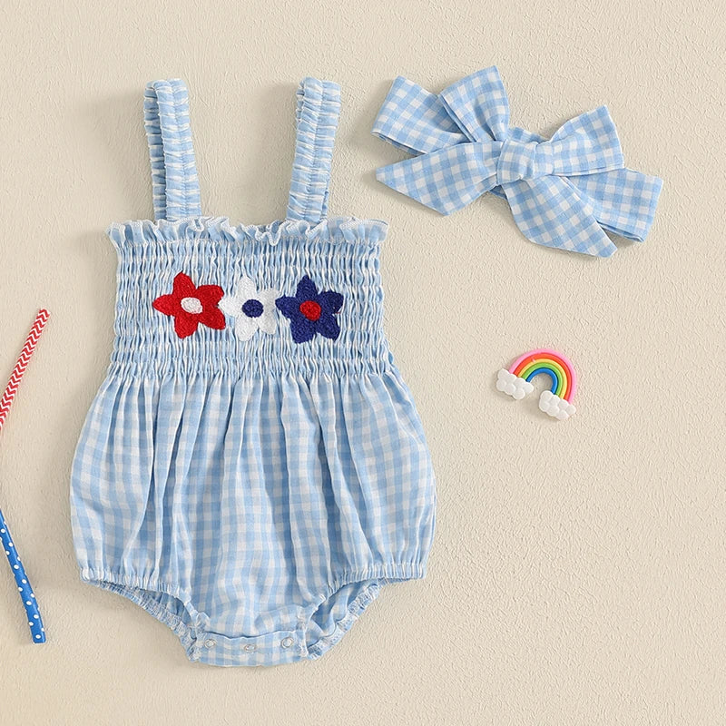 Girl's 2-Piece Embroidered July 4th Rompers & Bow Head Band Sets