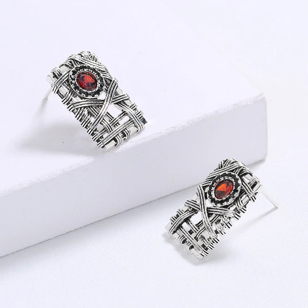 Earrings Vintage Silver Red Zircon Earrings