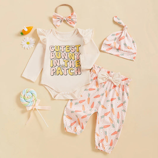 Girl's Easter, Carrot Long Sleeve Rompers, Pants, Bow Headband, Hat Sets