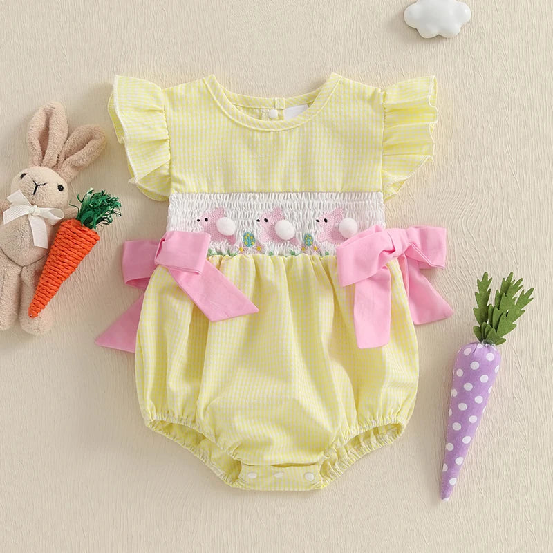 Girl's Fuzzy Bunny Tail Embroidered Solid & Plaid Easter Bow Rompers