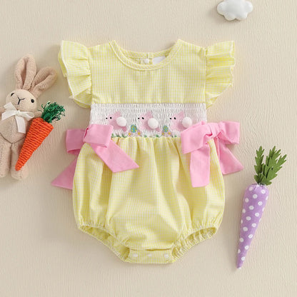 Girl's Fuzzy Bunny Tail Embroidered Solid & Plaid Easter Bow Rompers