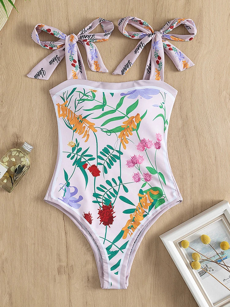 Print Tied Strapped SwimwearPush UP High Cut One Piece Swimsuit Monokini Summer Beach Bathing Suit