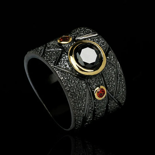 Men Rings Geometric Mosaic Black Zircon Rings Black & Gold Style