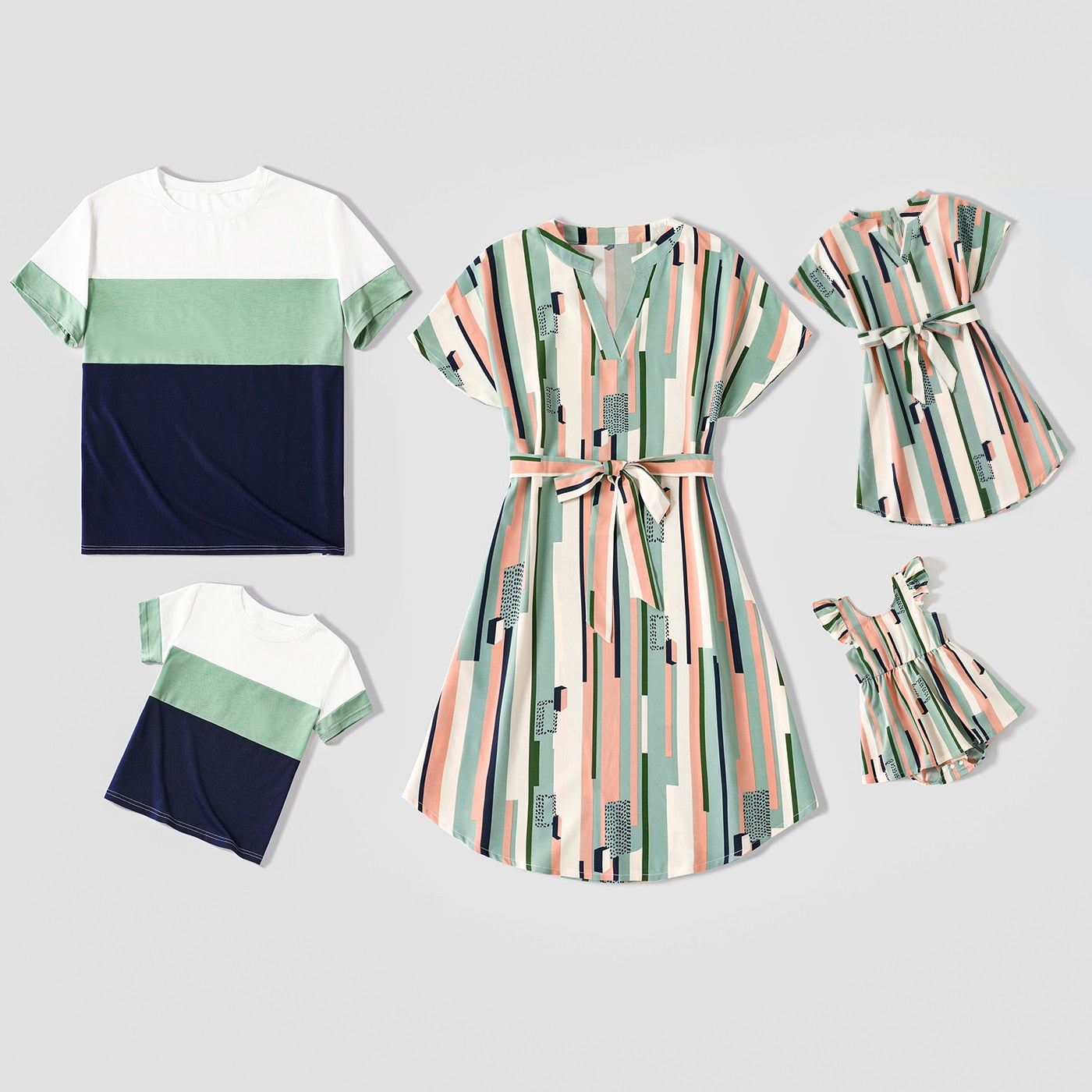 Family Matching! Geometric Drop Shoulder Belted Dresses & T-shirts