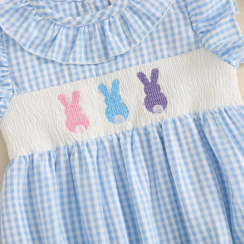 Girl's Embroidered Easter Bunny Plaid Ruffled Rompers