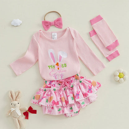 Girl's 4-Piece "My 1st / First Easter" Bunny Onesie, Ruffle Bloomers, Bow Headband & Leg Warmer Outfit Sets