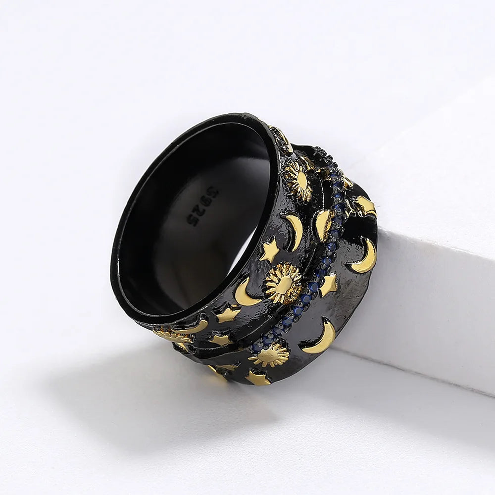 Moon Star Sun Black & Gold Style Rings