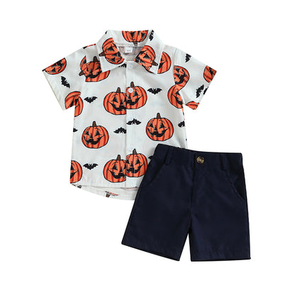 2-Piece Halloween Outfits! Boy’s Short Sleeve Pumpkin Sweatshirt & Shorts Sets