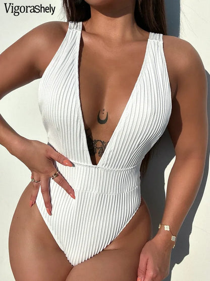 Solid Strapped SwimwearDeep V High Cut One Piece Swimsuit Monokini Summer Backless Bathing Suit