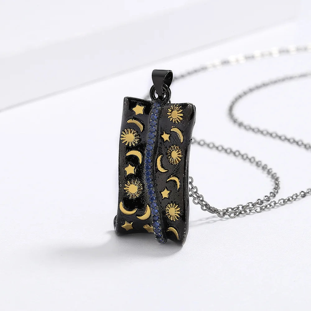 Pendant Carved Star Moon Necklace with Blue Zircon Black & Gold Style