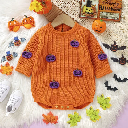 Halloween Outfits! Girl's & Boy's Embroidered Pumpkin Knit Sweater Onesie