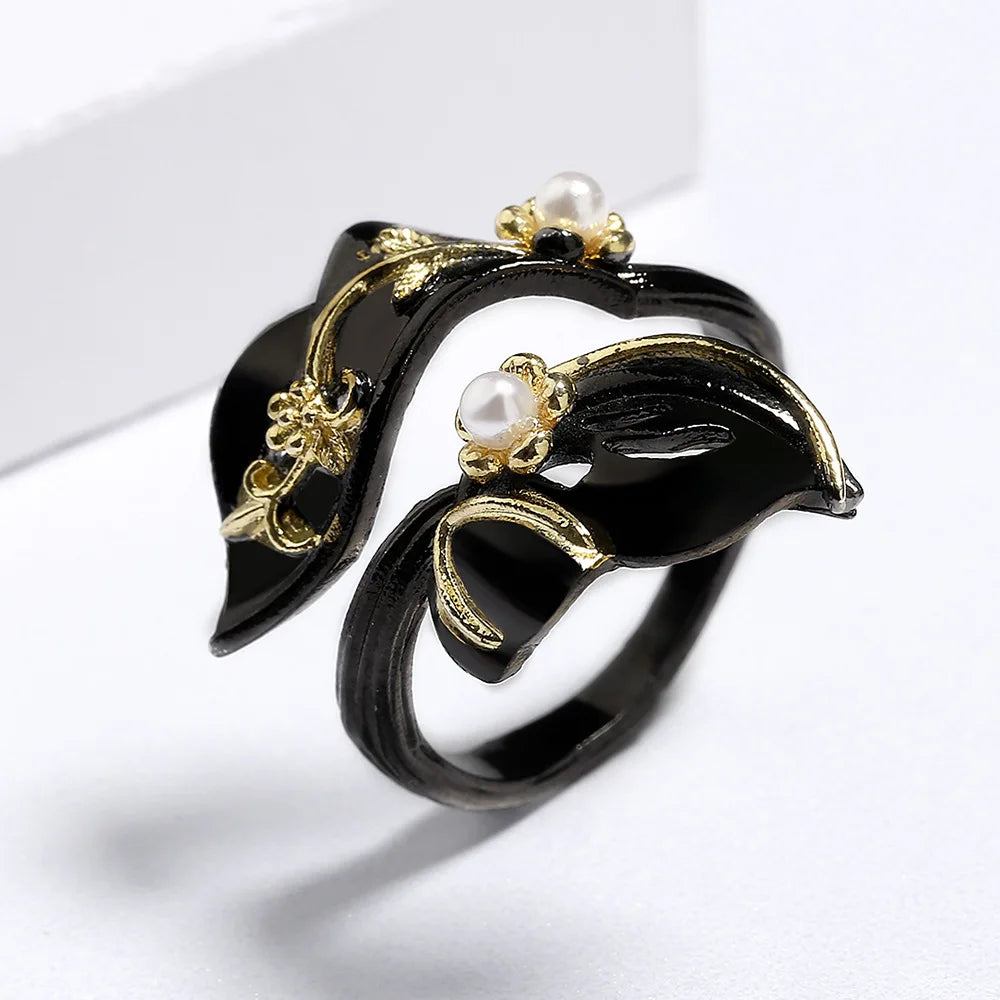 Black & Gold Style Leaf Rings Banquet Pearl Ring