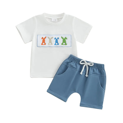 Boy's 2-Piece Embroidered "Mama's Boy" & Easter Bunny T-Shirt & Shorts Sets