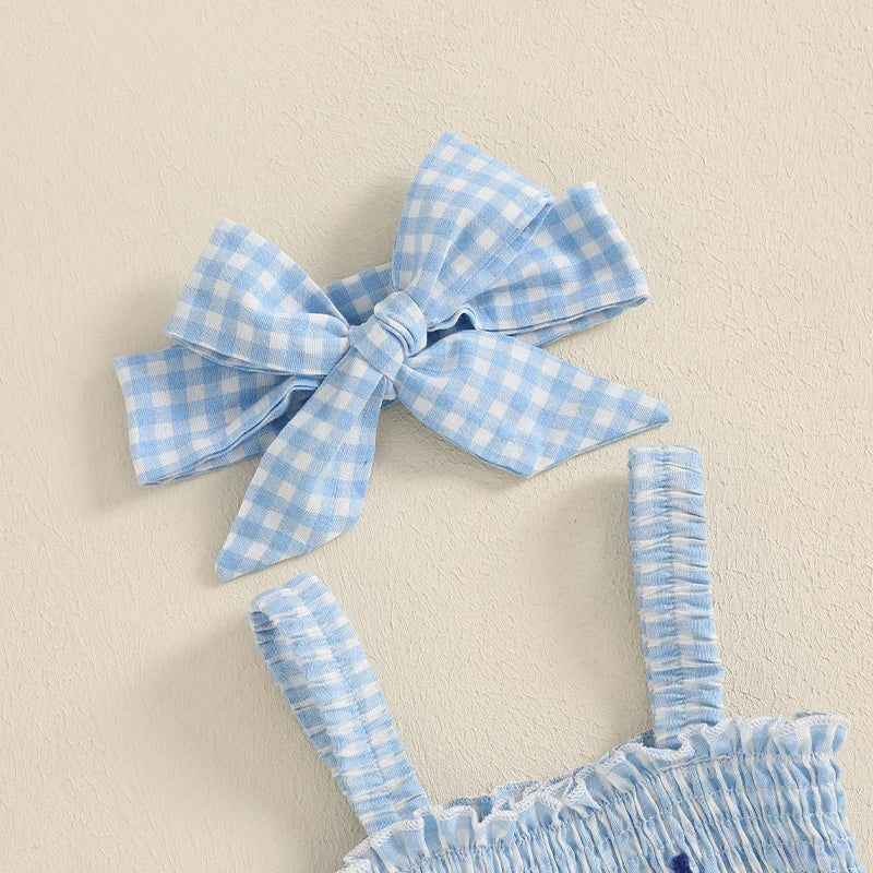 Girl's 2-Piece Embroidered July 4th Rompers & Bow Head Band Sets
