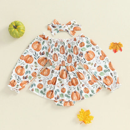 2-Piece Halloween Outfits! Girl’s Long Sleeve Pumpkin Onesies, Dresses & Headband Sets