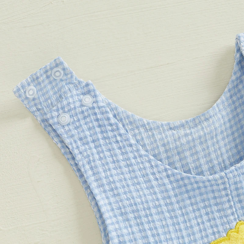 Boy's Easter Chick Egg Embroidered Plaid Sleeveless Overall Jumpsuits