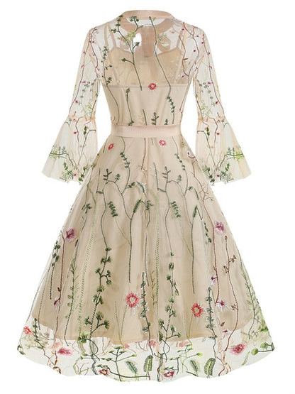 Elegant Cream Floral Embroidery Dresses with Mesh Long Sleeves
