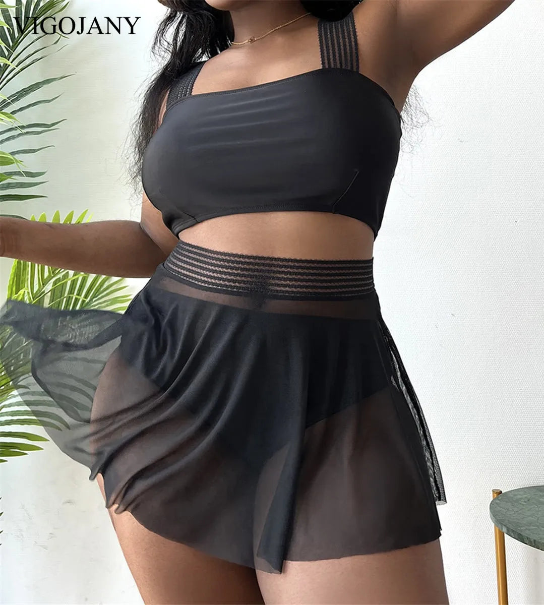 3-Piece Plus Bikini Swimsuit with Mesh Skirt Cover-Up