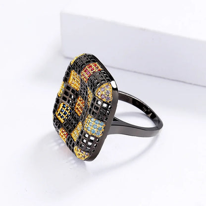 Black & Gold Style Geometric Square Rings with Zircon Rings