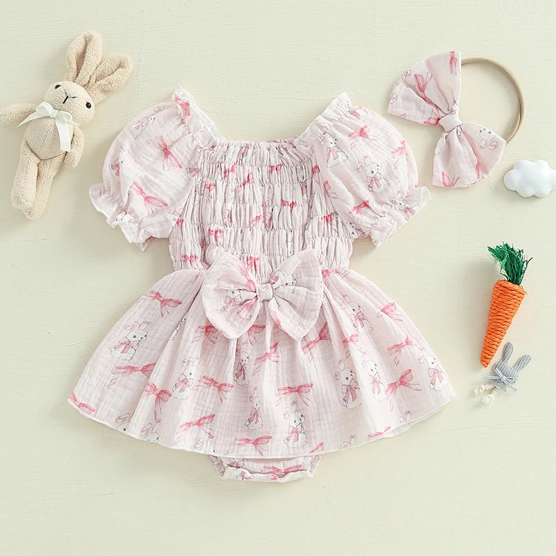 Girl's Easter Bunny Smocked Puff Sleeve Romper Dresses & Bow Headband Sets