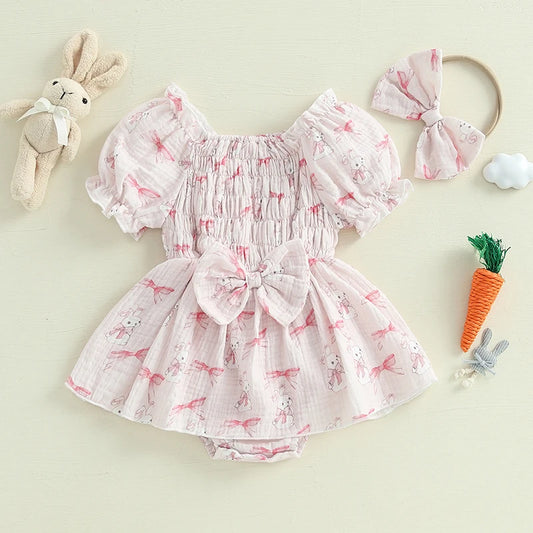 Girl's Easter Bunny Smocked Puff Sleeve Romper Dresses & Bow Headband Sets