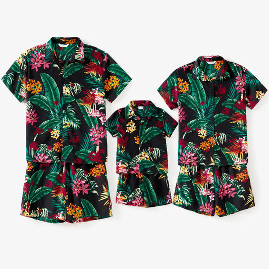 Family Matching! Tropical Plant Floral Shirt & Drawstring Shorts with Pockets