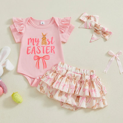 Girl's 3-Piece "My 1st Easter" Onesie, Ruffled Skirt & Bow Headband Sets