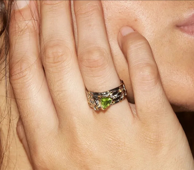 Twisted Black & Gold Series Peridot, Ruby & Amethyst Zircon Crystal Rings