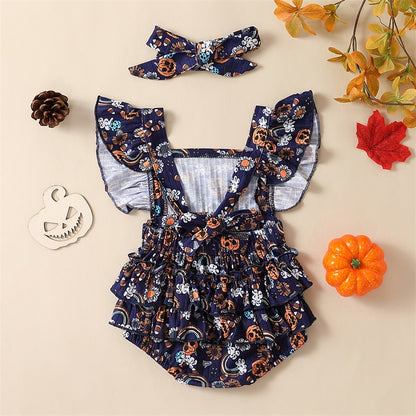 2-Piece Halloween Outfits! Girl's Pumpkin Flower Rainbow Onesie & Matching Bow Headband Sets