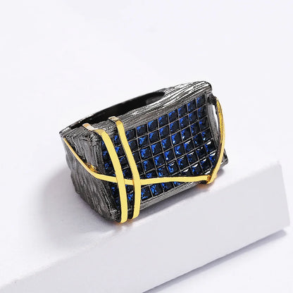 Blue Zircon Men's Black & Gold Rings