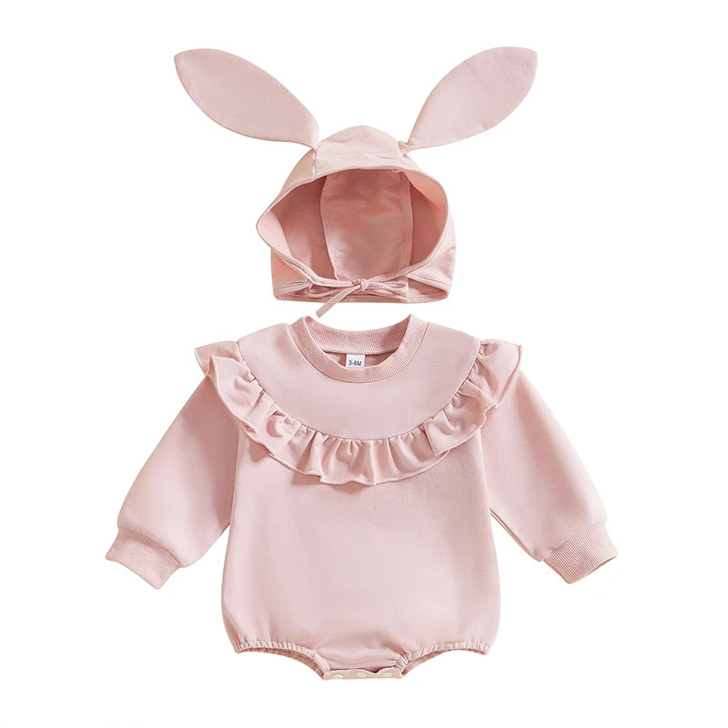 Girl's Ruffled Easter Bunny Tail Onesie & Bunny Ear Hat Sets