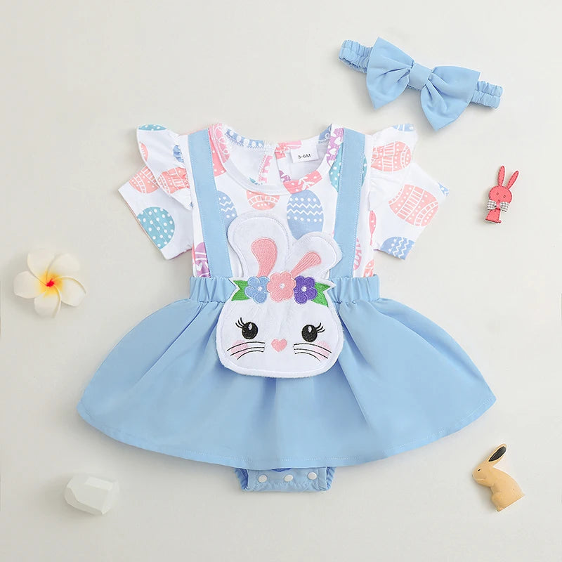 Girl's Easter Bunny, Easter Egg Ruffled Romper Dresses & Headband Sets