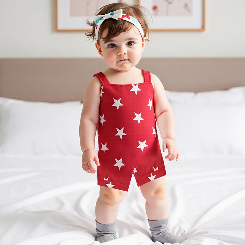 Girl's Star Print 4th of July Overall Rompers