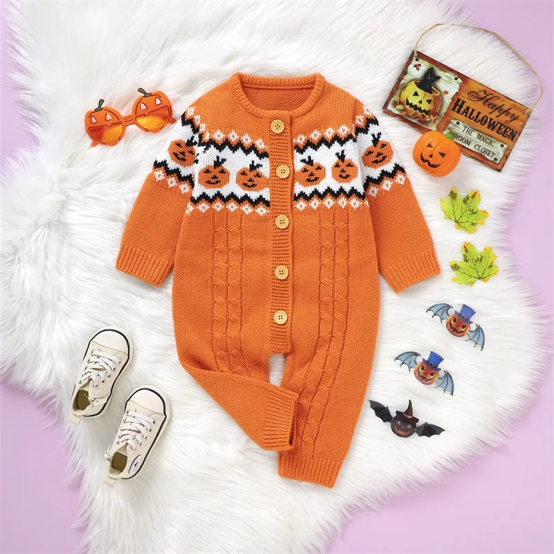 Halloween Pumpkins! Girl's & Boy's Warm & Cozy Knit Sweater Button-Up Rompers