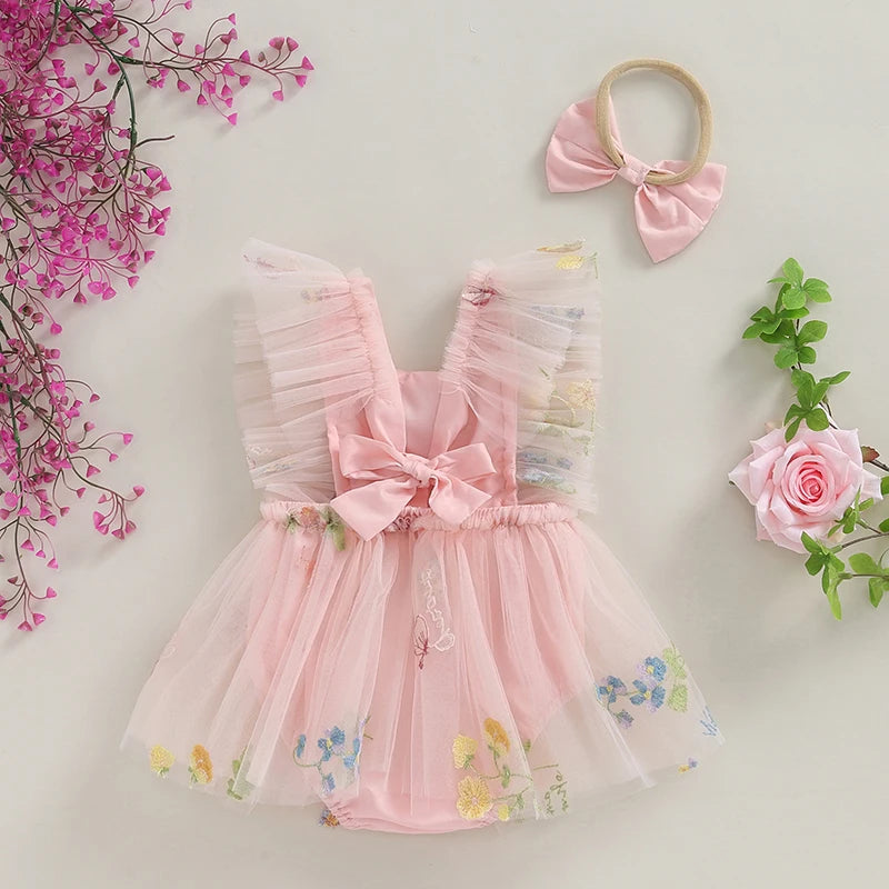 2-Piece Outfits! Girl's Sleeveless Embroidered Floral Tulle Overall Dress & Headband Sets